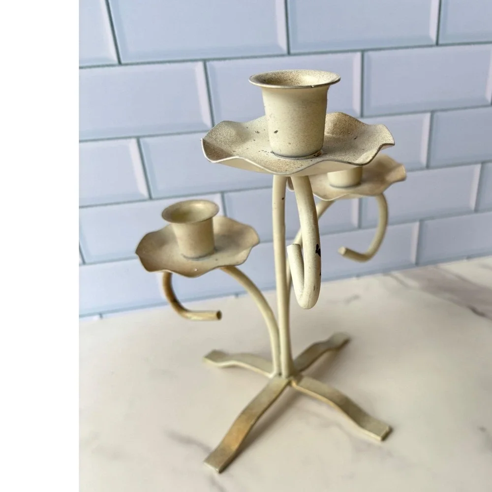 Vintage Metal 3‎ Arm Candelabra Distressed Cream Gold Scalloped Centerpiece